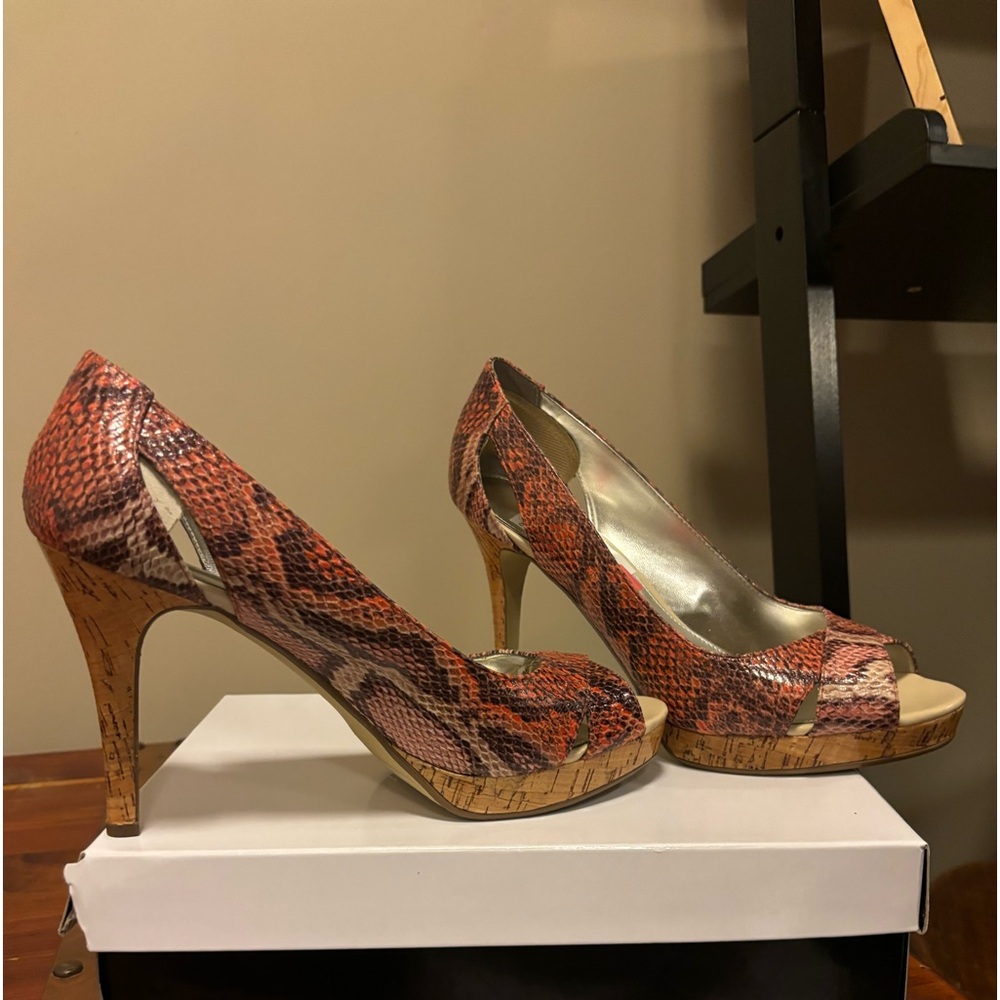 Alfani, coral color, (multicolored) size 9, 4” opentoed heels.